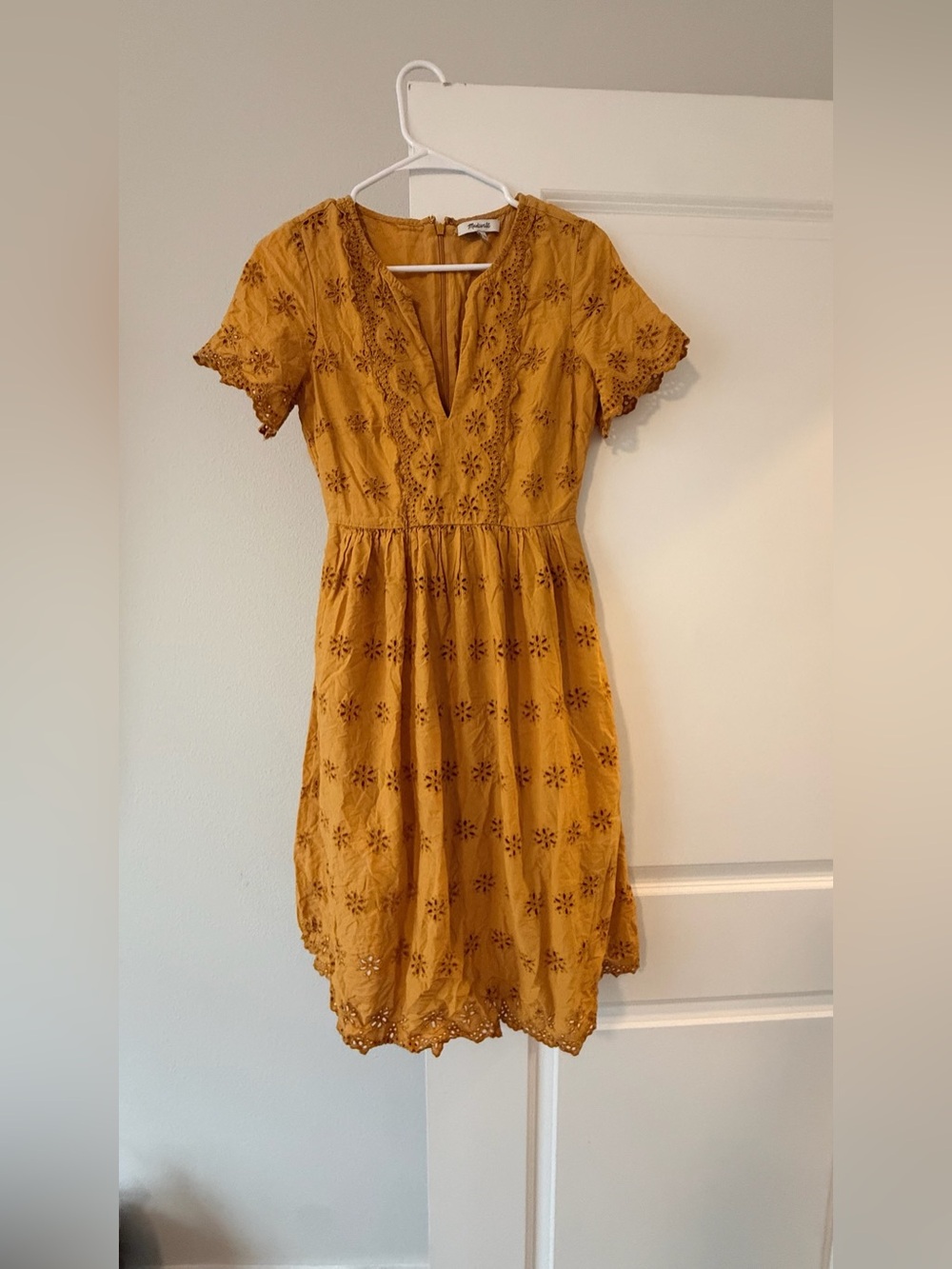 Madewell Mustard Yellow Eyelet Lace Dress V-Neck Short Sleeve Sun Dress Cotton❤️ - Picture 2 of 12